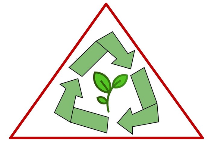 Ein rotes Dreieck, darin drei grüne Pfeile, die eine kleine Pflanze einkreisen